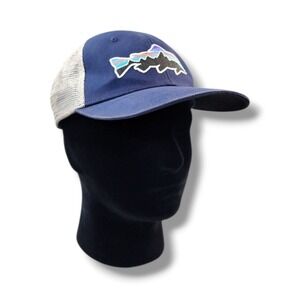 Patagonia Fitz Roy Embroidered Trout Navy Blue Gray Snap Back Mesh Trucker Hat